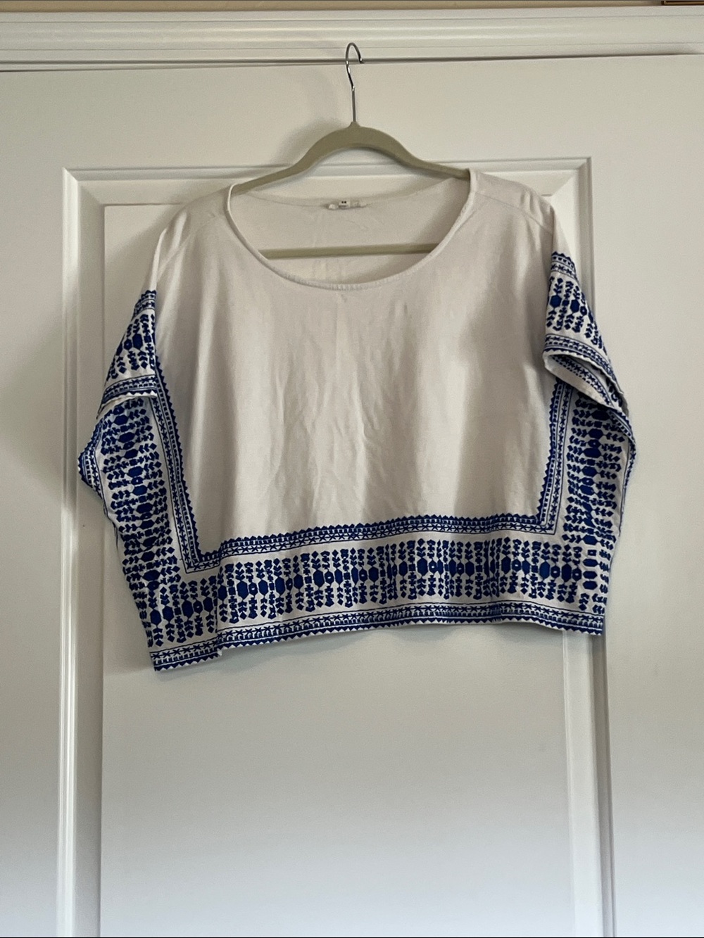 White Crop Top with Blue Embroidered Border - Women